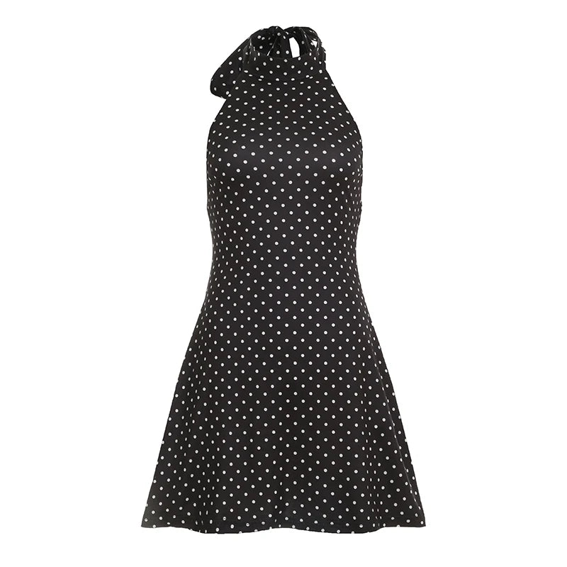 Polka Dot Halter Mini Dress - Backless Sleeveless A-Line Party & Summer Vacation Dress
