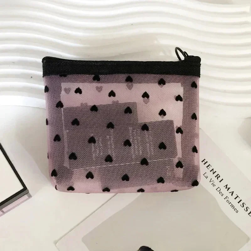Heart-Shaped Mesh Cosmetic Bag - Zipper Toiletry Makeup Pouch for Women, Coin & Lipstick Organizer