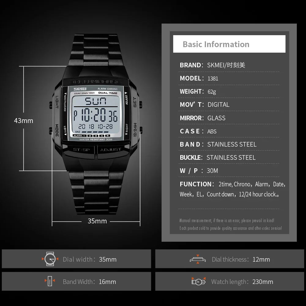 Men's Waterproof LED Digital Sport Watch – 30M (3ATM) Water Resistant, Stainless Steel Band, Military Style