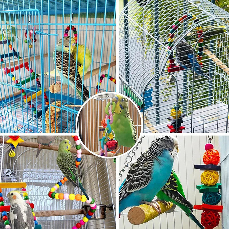 7-Piece Wooden Bird Cage Toys Set — Swing, Ladder, Chew Toys, Bridge & Bells for Parakeets & Small Parrots