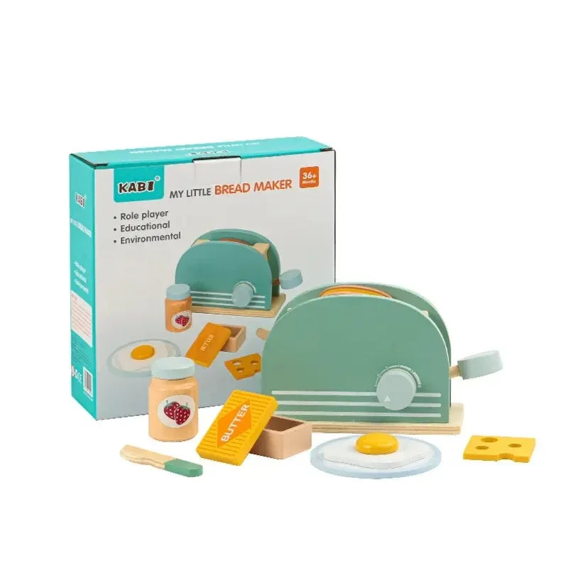 Wooden Toy Toaster Play Kitchen Set – Pretend Bread Machine Kit for Kids, Educational Breakfast Playset, Gift for Boys & Girls