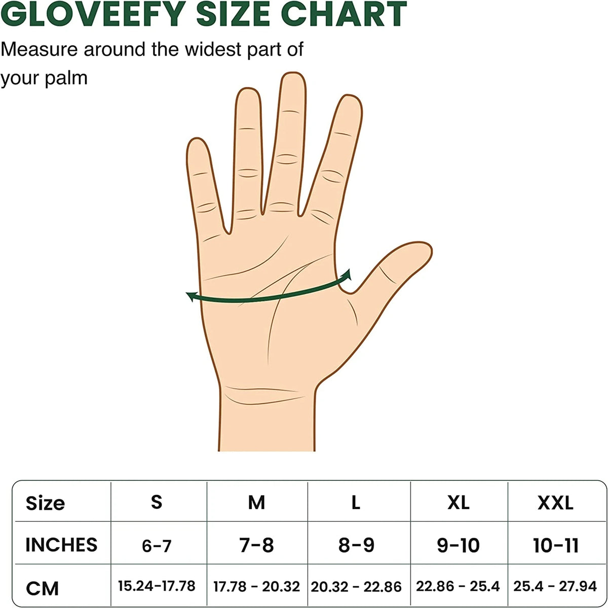 Infographic showing glove size chart with measurements in inches and cm