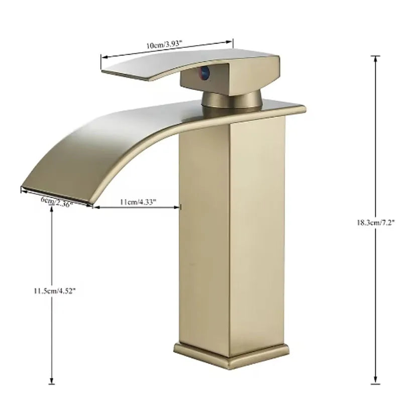 Brushed Gold Waterfall Bathroom Faucet - Single Lever Deck-Mount Basin Mixer, Single Hole, Stainless Steel Ceramic Valve