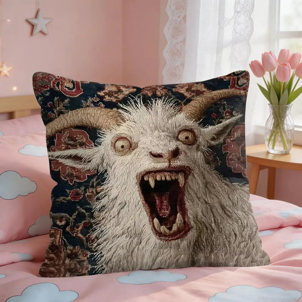Spooky Goat Face 2D Short Plush Square Cushion Cover 16x16 in (40x40 cm) Sofa Throw Pillow Case