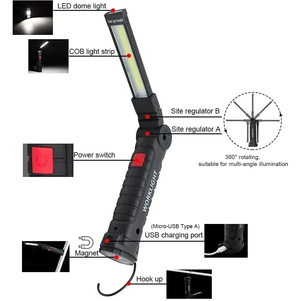 Portable COB LED Work Light – USB Rechargeable Inspection Lamp with Magnetic Hook & 360° Swivel