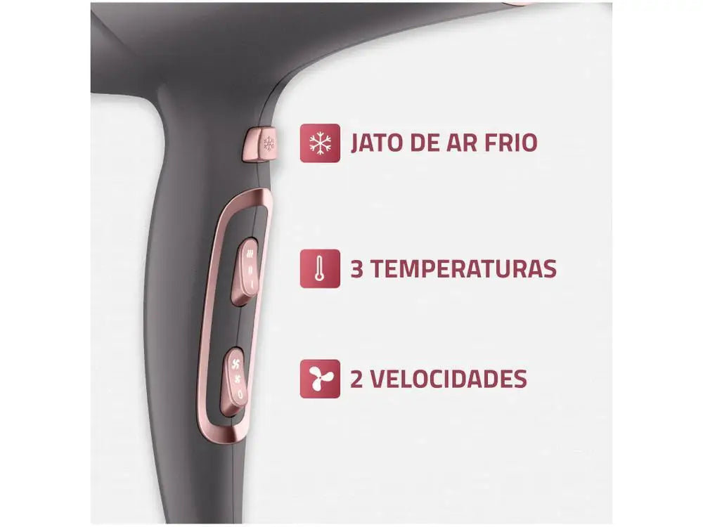 Keratin Hair Dryer 220V - Tourmaline Ionic, Ceramic Grill, Cold Shot & Concentrator Nozzle - Graphite/Rosé