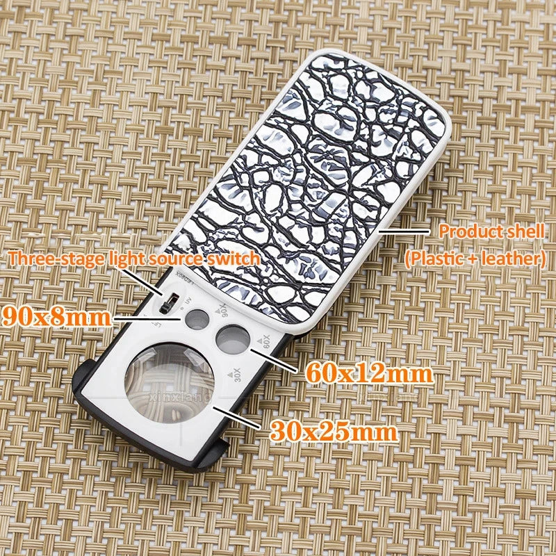 Slide-Out Jewelry Loupe Magnifier 30X 60X 90X LED with UV Light for Diamonds Coins Stamps