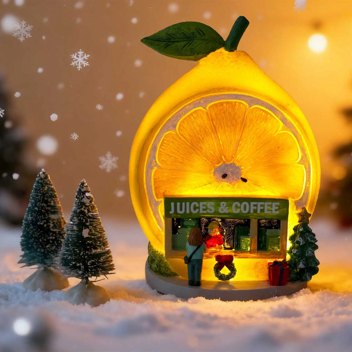 Lemon-Shaped LED Light-Up Christmas Ornament - Juices & Coffee Shop Snowy Village Figurine