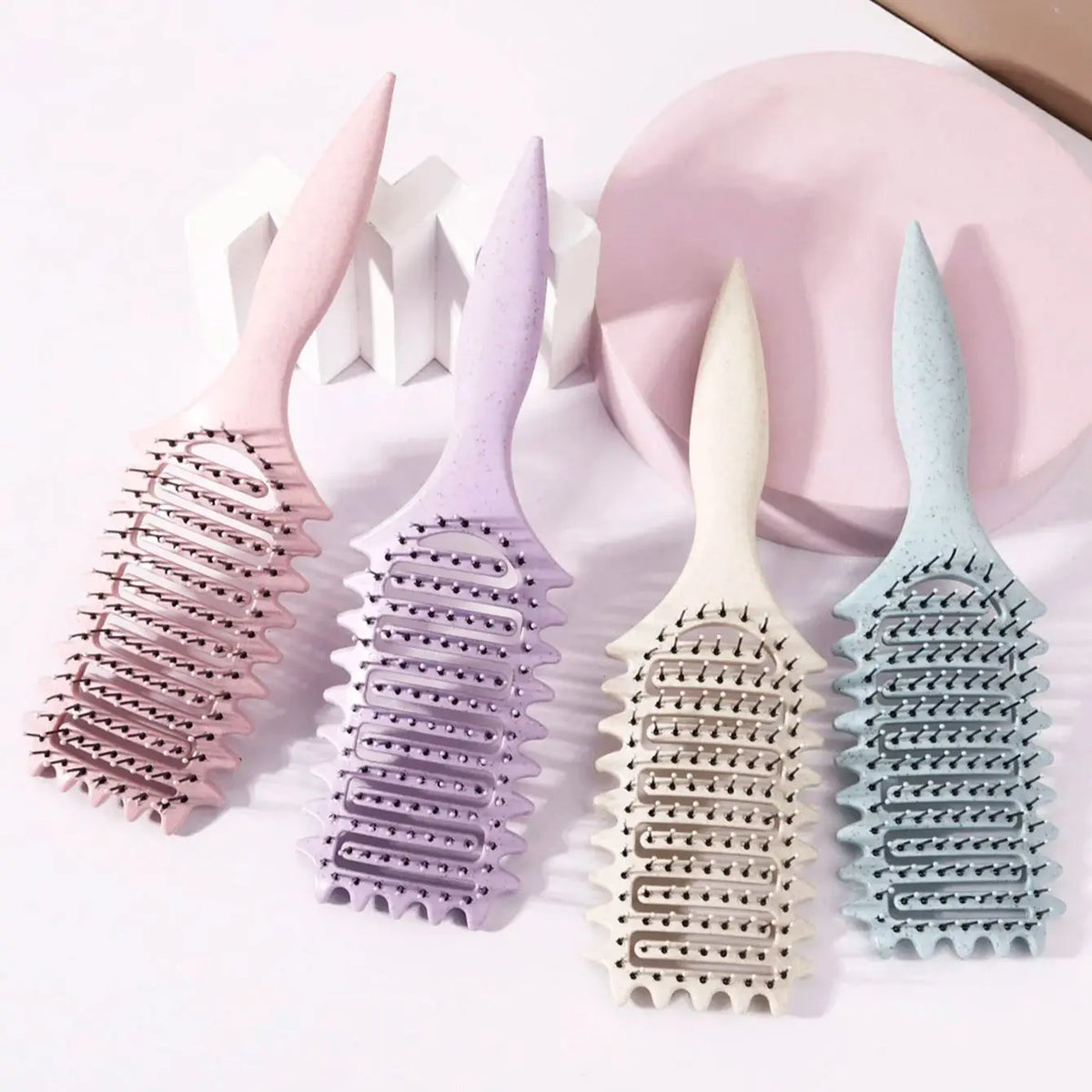 Curling Styling Brush Hollow Massage Comb with Nylon Bristles and ABS Handle for Human Hair Wigs