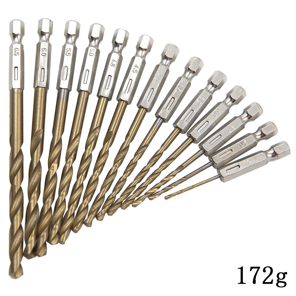13-Piece Titanium-Plated Hexagonal Shank Twist Drill Bit Set 1.5–6.5 mm (0.06–0.26 in) for Electric Drill, Driver & Air Screwdriver