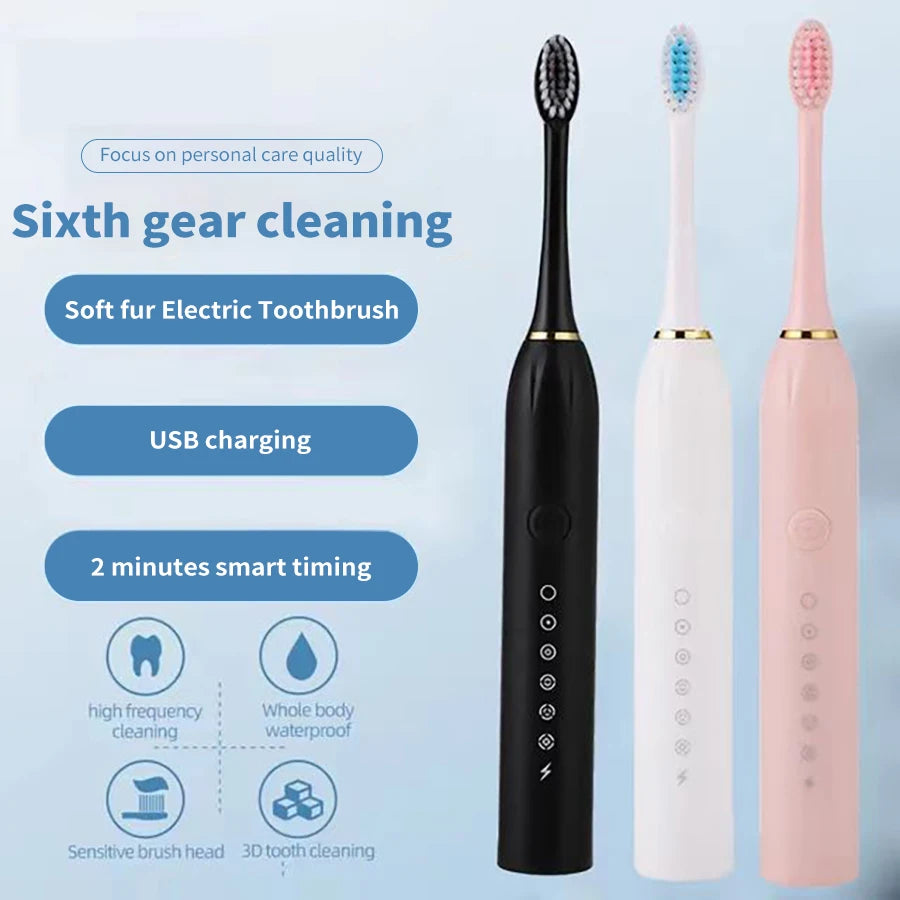 Sonic Electric Toothbrush for Adults — IPX7 Waterproof, USB Rechargeable, Soft Bristle Heads, 30K–50K VPM, 4+ Modes, 2-Min Timer, Includes 3 Brush Heads