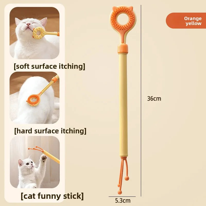 3-in-1 Retractable Cat Grooming Brush & Teaser Wand - Dual-Sided Massager for Cats & Kittens