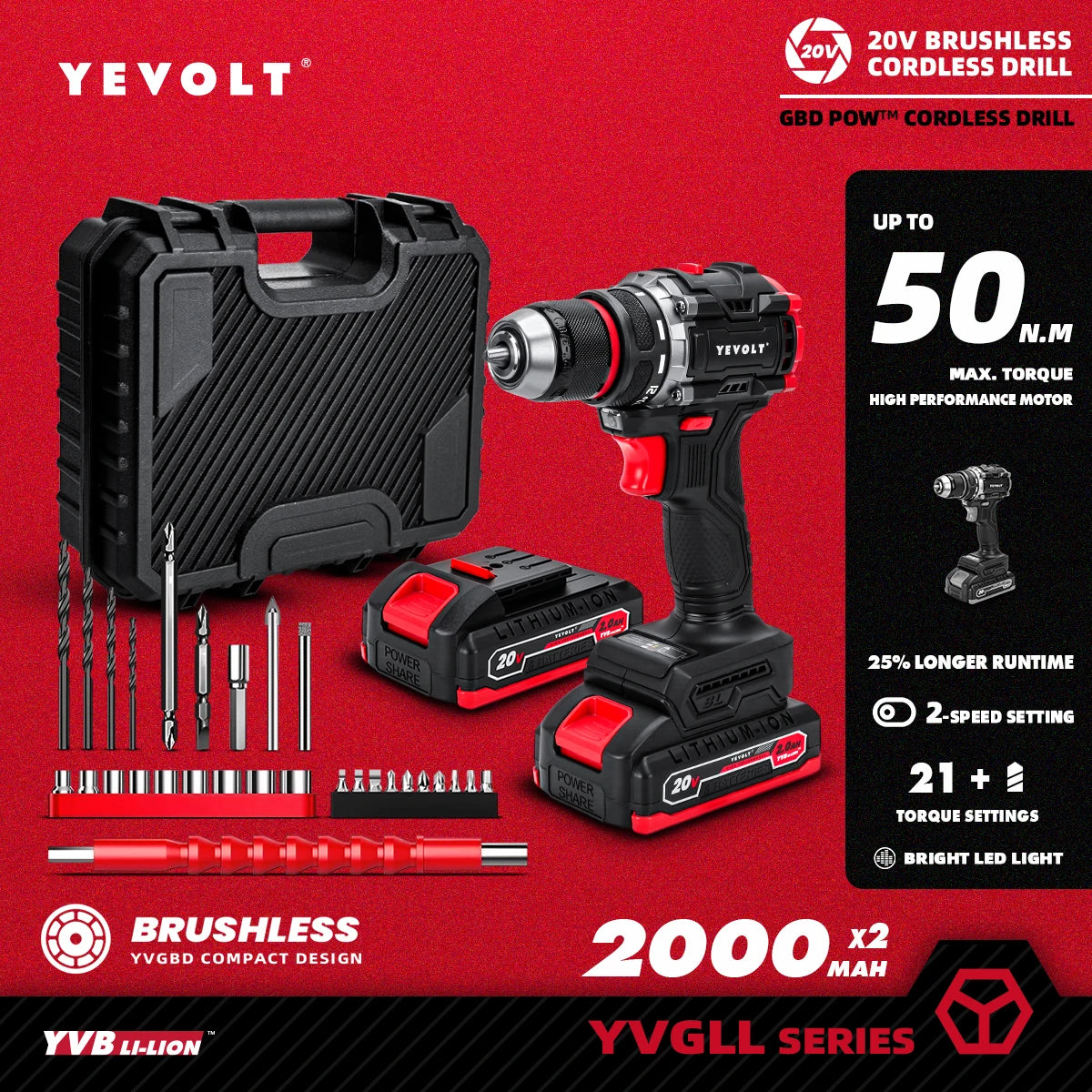 20V Brushless Cordless Drill Driver, Compact 21+1 Torque Keyless 3/8\" (0.8–10mm) Handheld Screwdriver with LED