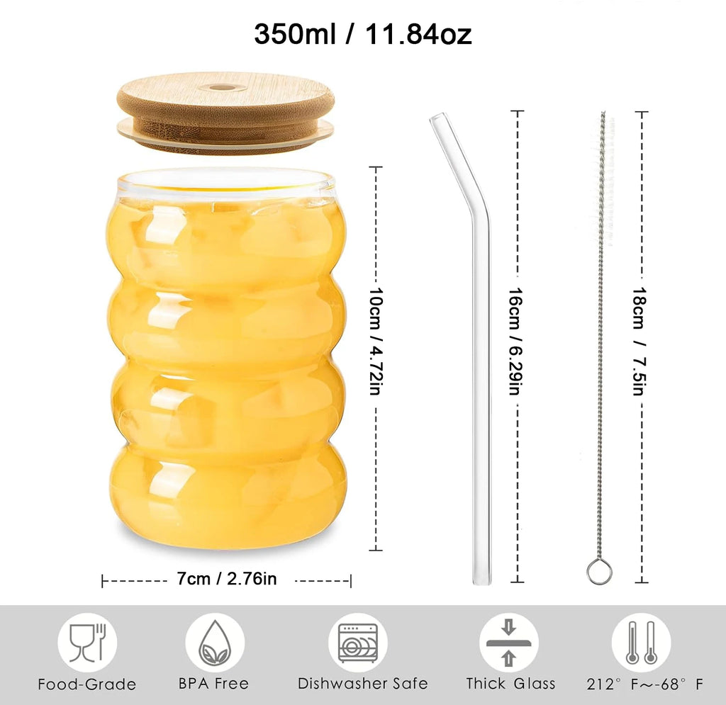1/2/4-Pack Wave Glass Cups with Lid & Straw — 350ml (12 fl oz) Heat-Resistant Tumblers for Juice, Iced Coffee, Smoothies