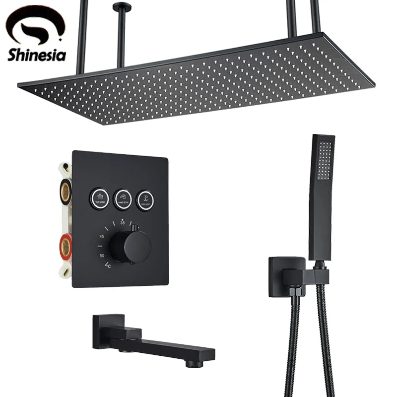 Big Black Thermostatic Ceiling-Mounted Rainfall Shower System with Hand Shower – Thermostatic Mixer Tap, 150 cm (59 in) Hose, 400+ mm (15.7+ in) Rain Head