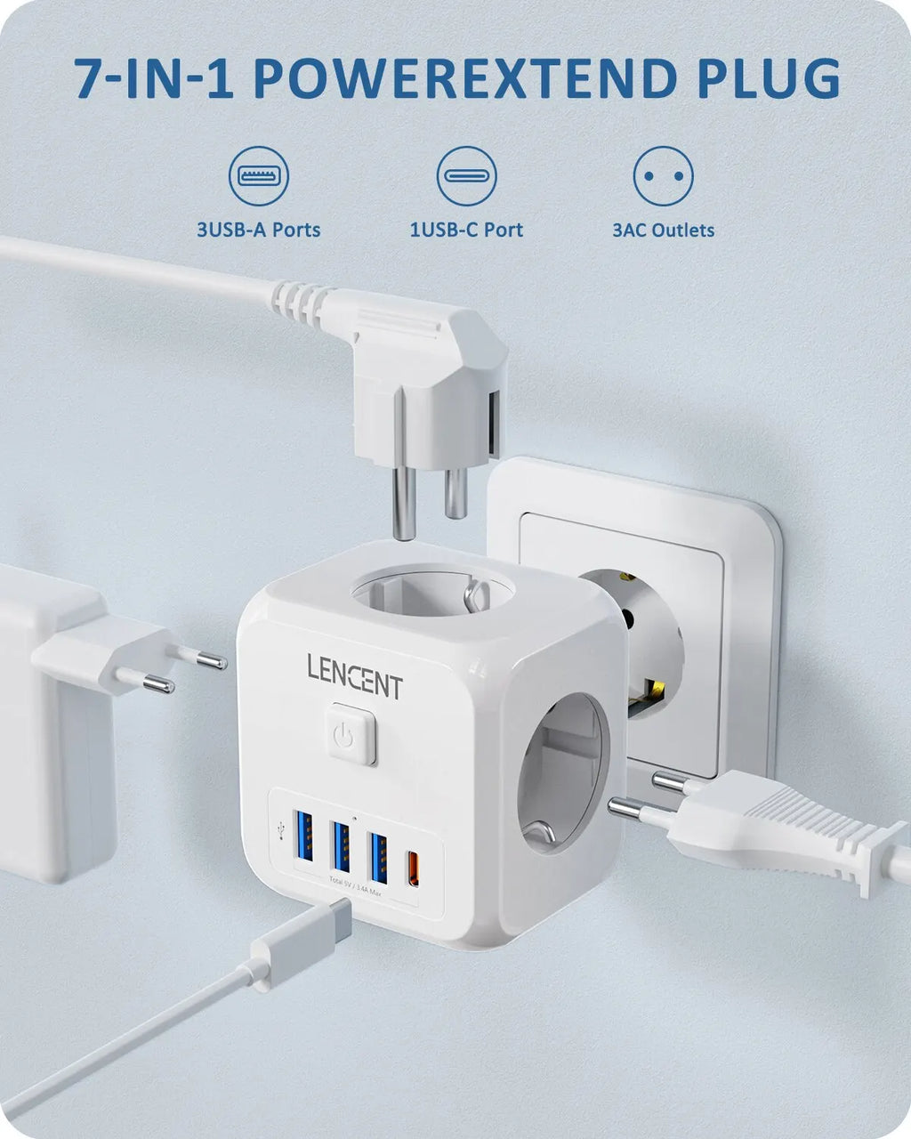 7-in-1 EU Plug Charger — 3 AC Outlets + 3 USB-A + 1 USB-C PD Wall Socket Extender with On/Off Switch