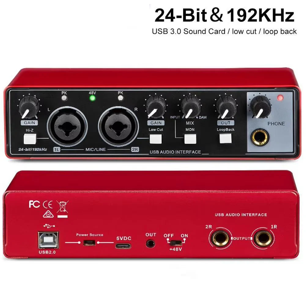 Portable 2-in-2-out USB Audio Interface 24-bit/192kHz with 48V Phantom Power, Loopback & Zero-Latency Monitoring for Guitar and Vocal Recording