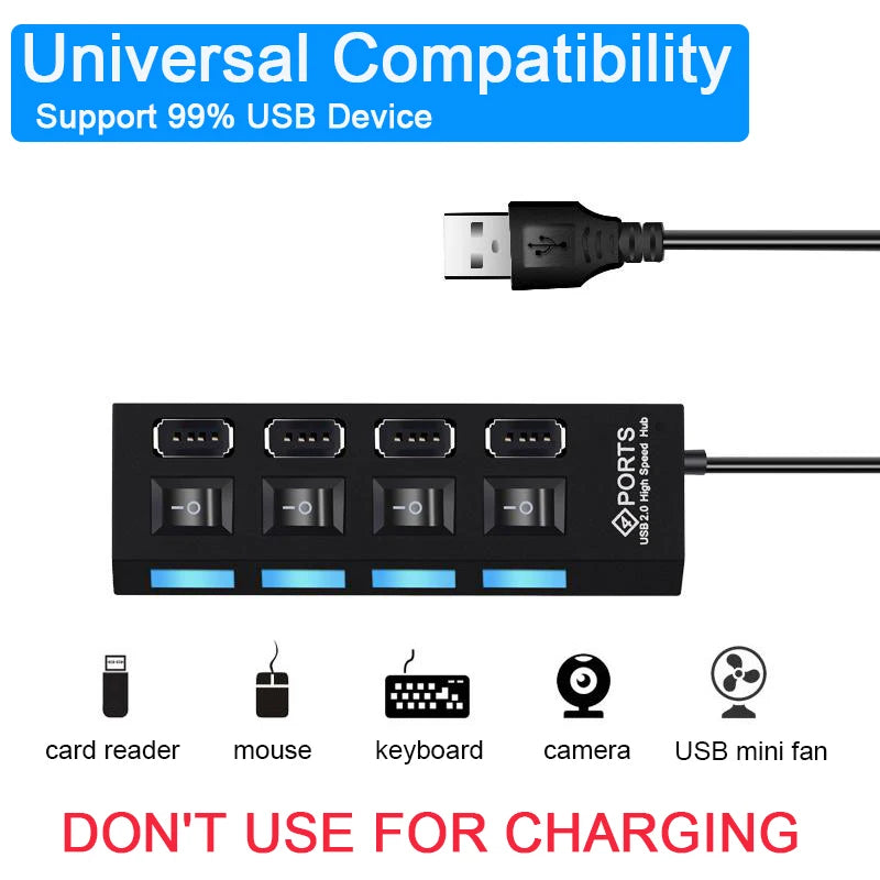 High-Speed USB 2.0 Hub — 4 or 7-Port USB Splitter with Individual On/Off Switches & LED Indicator for PC Laptop