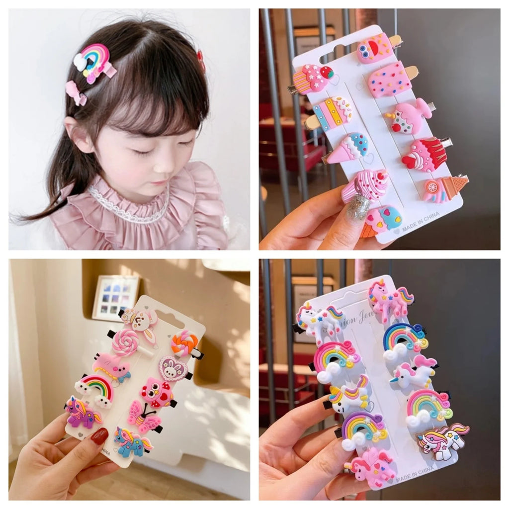 10-Pack Cute Cartoon Unicorn & Ice Cream Hair Clips for Girls, Kids Barrettes Hairpins, Fashion Hair Accessories