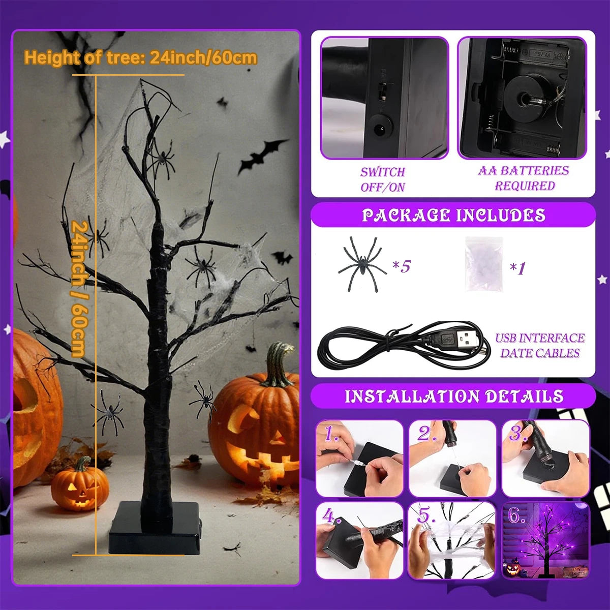 24-LED Black Birch Tree Table Lamp with Stretch Cobweb & 5 Spiders – Halloween Party LED Home Decor
