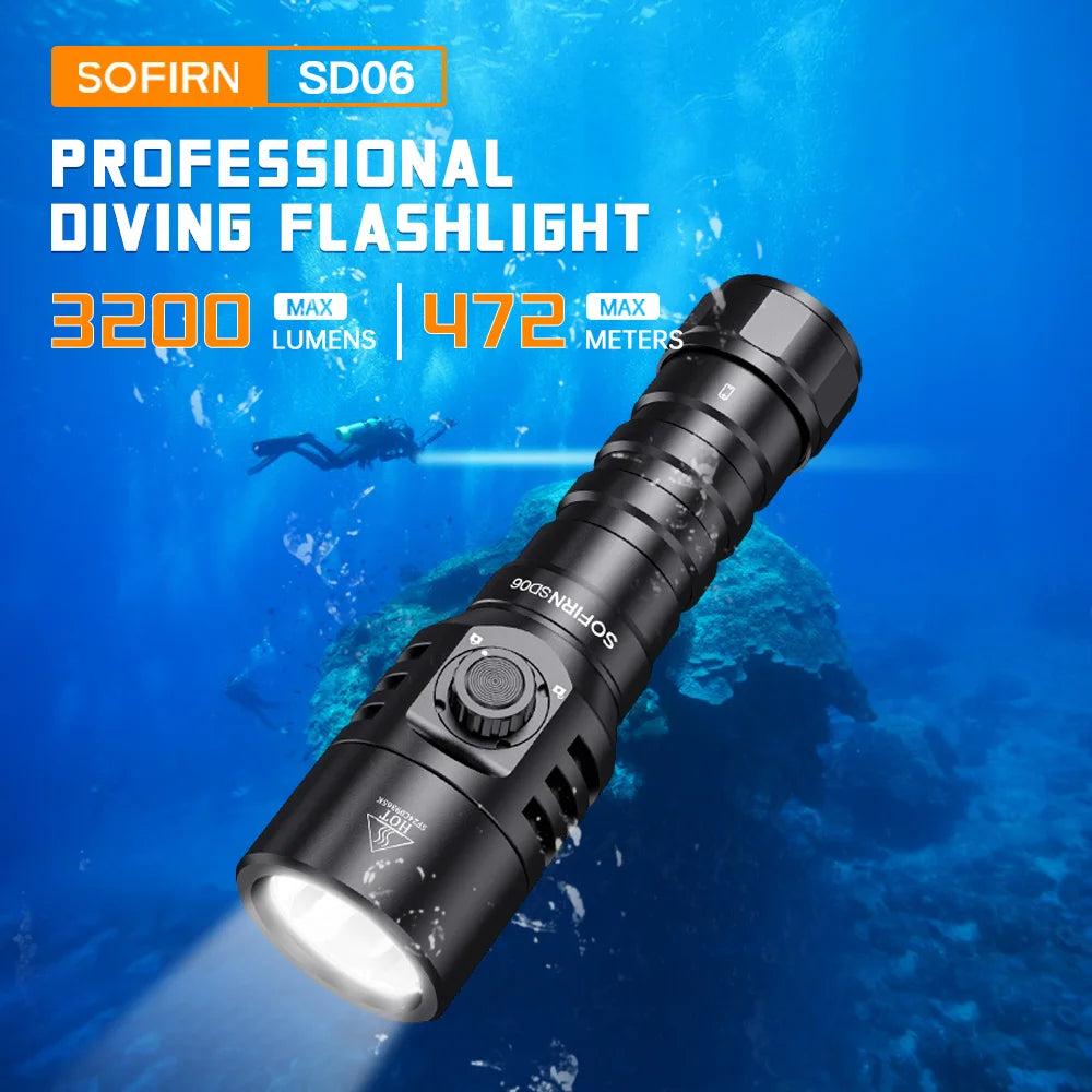 Rechargeable 3200lm Diving Flashlight - IP68 Waterproof Scuba Torch Up to 100M (328ft)