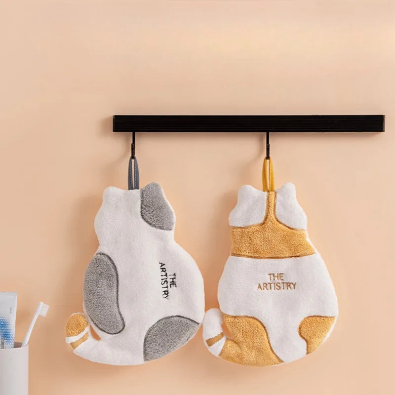 Cute Cat Hanging Hand Towel - Soft Absorbent Coral Fleece Kitchen & Bathroom Towel 30 x 21 cm (11.8 x 8.3 in)