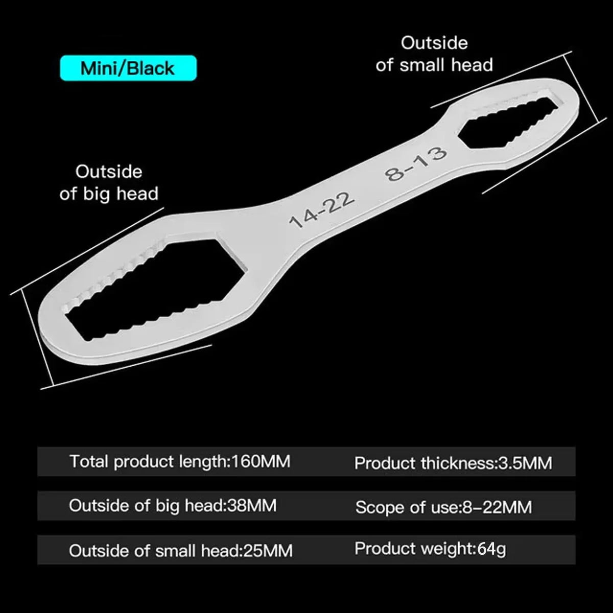 Adjustable Self-Tightening Double-Head Wrench Fits 3–17 mm & 8–22 mm (0.12–0.67 in & 0.31–0.87 in) for Cars, Bicycles and Home Repair