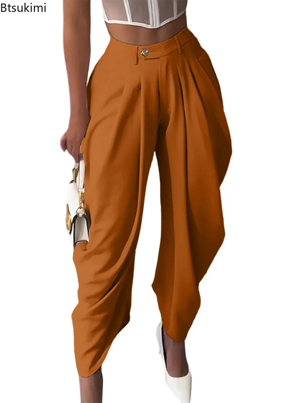 High-Waisted Pleated Wide-Leg Cropped Pants for Women – Loose Harem Skirt-Pant, Casual