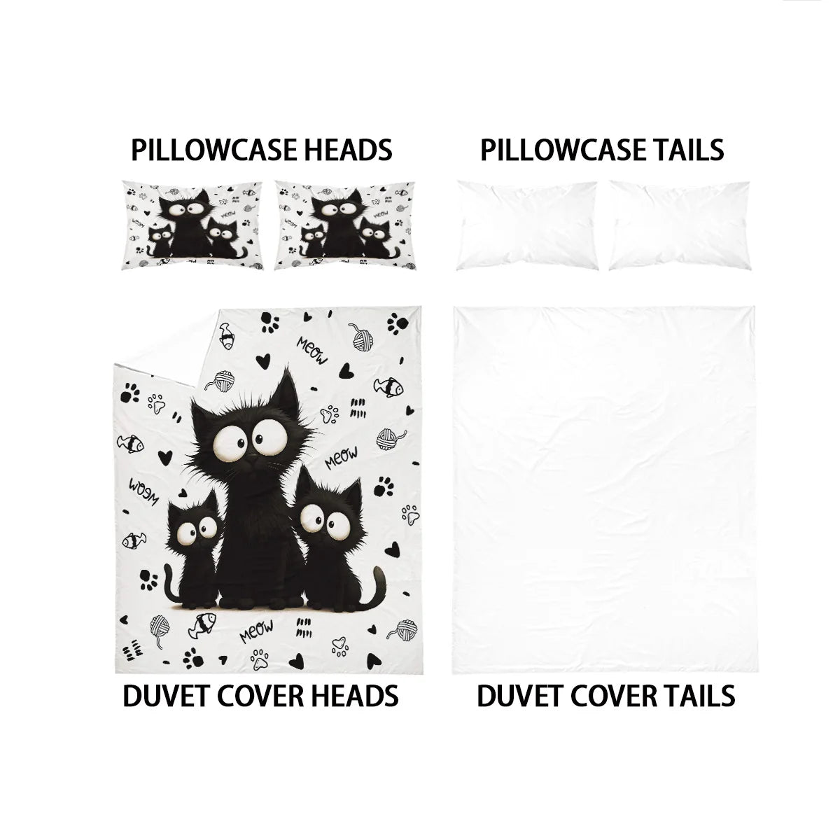 3-Piece Black Cat Printed Duvet Cover Bedding Set – 1 Duvet Cover + 2 Pillowcases, Multi-Size (1.0–2.8 m / 3.3–9 ft), Microfiber Polyester, Machine Washable