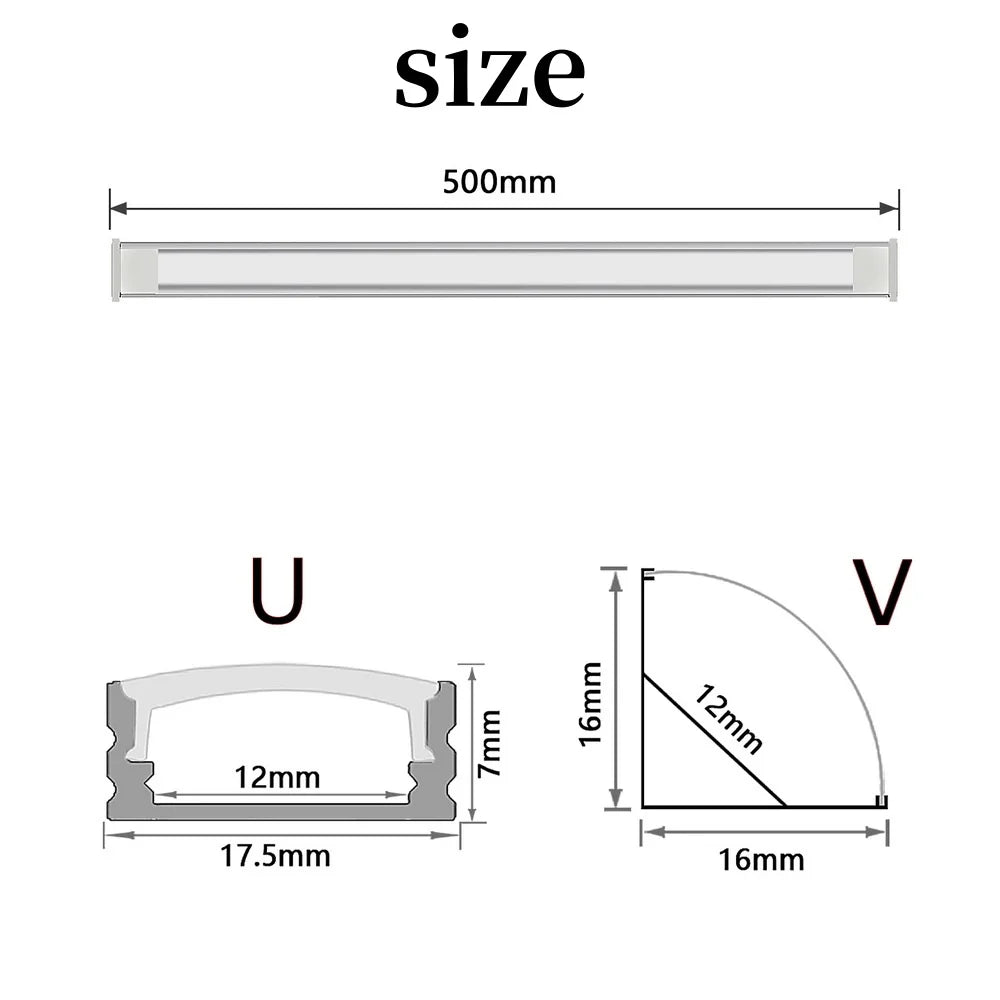 LED Aluminum Profile Channel with Black PC Cover U/V Shape 0.5m (50cm / 19.7in) 1–30 Pack Fits 8–12mm LED Light Strips