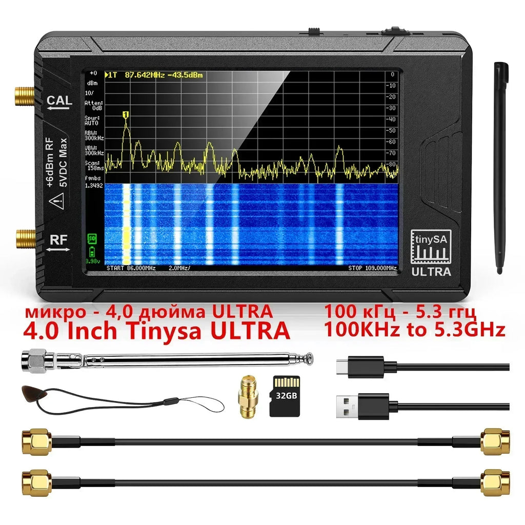 Handheld 4-Inch (10.2 cm) Portable Spectrum Analyzer 100 kHz–5.3 GHz with 32GB microSD — Signal Generator & USB PC Control