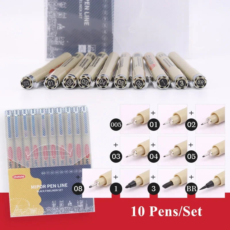 Manga Fineliner Pens - Waterproof Black Pigment Liner Set, Needle & Brush Tip for Sketching, Illustration & Inking (Set of 3–12)