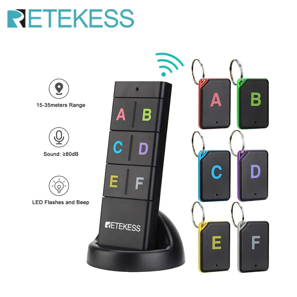 Wireless RF Key Finder — Remote Item Locator 1 Transmitter + 6 Receivers, Up to 40m (131 ft), Key Rings & Adhesive