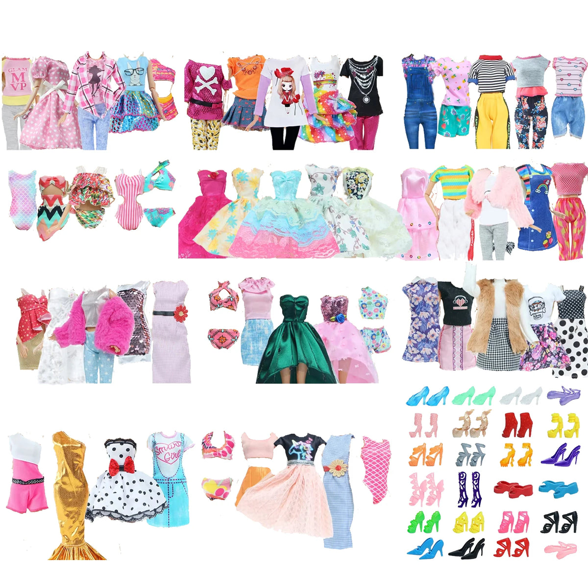10-Piece 1/6 Scale Doll Clothes Set for 11.5–12 in (30 cm) Dolls — Dresses, Shirts, Pants & Shoes