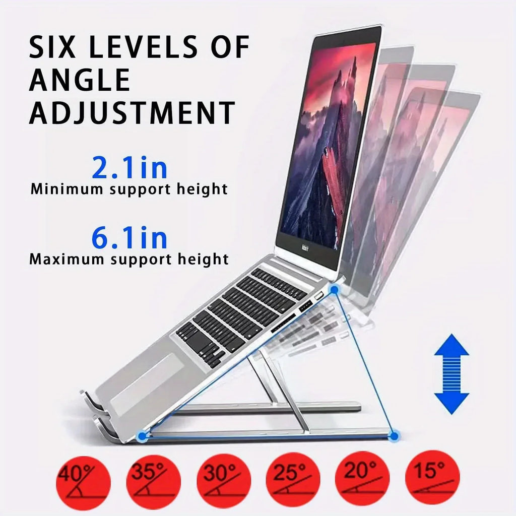 Adjustable Aluminum Laptop Stand – 6-Position Foldable Portable Riser for 8–16-inch (20–41 cm) Laptops with Ventilation & Anti-Slip Pads