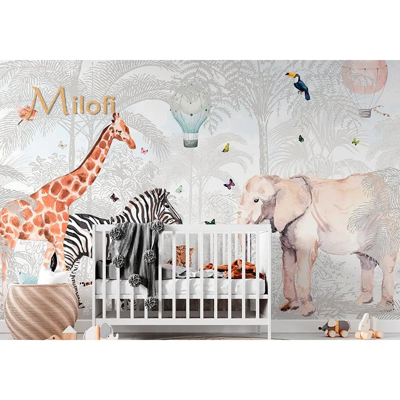 Custom Watercolor Jungle Animal Peel-and-Stick Wall Mural - Giraffe Elephant Zebra Nursery & Kids Wallpaper