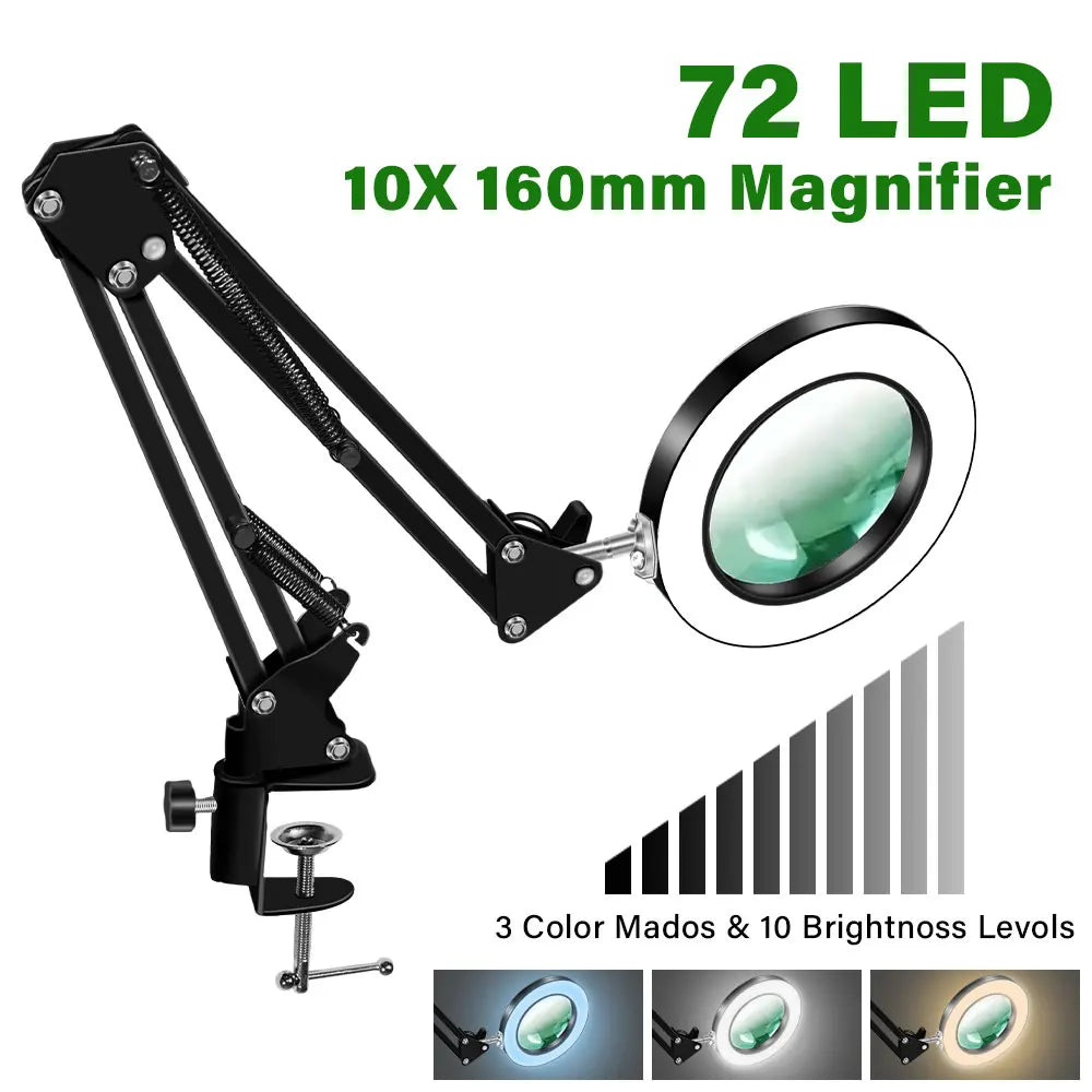 10X Magnifying LED Desk Lamp — 64 LED USB-Powered Magnifier with 3-Color Lighting, Adjustable Clamp for Soldering, Repair, Crafts & Skincare