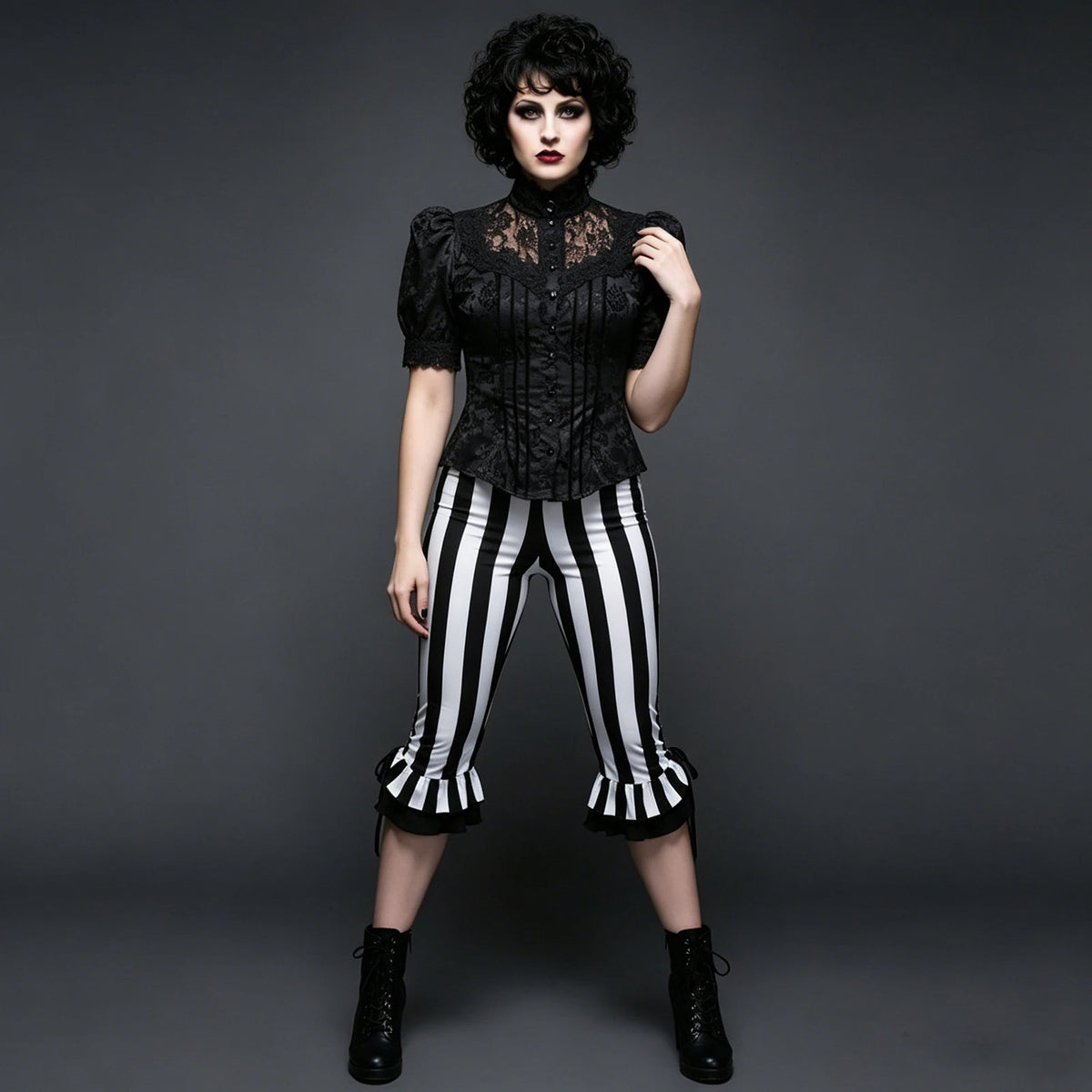 Black and White Striped Calf-Length Capri Pants — Y2K Wide-Leg Bell Bottom Leggings, Low-Waist Slim Fit for Cosplay & Halloween