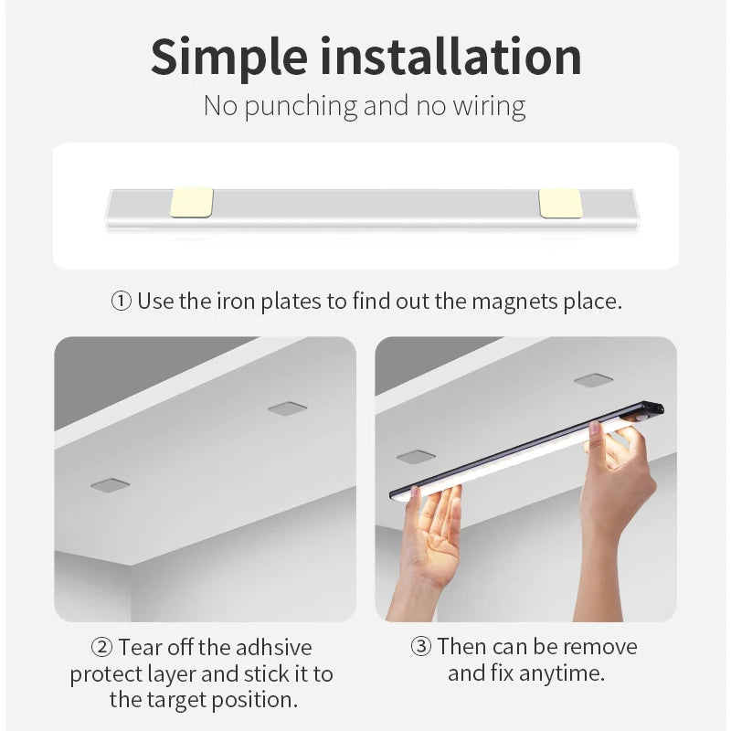 Rechargeable Motion Sensor LED Night Light — USB Wireless Cabinet & Wardrobe Light with Magnetic Mount, 3 Color Temperatures (3000K/4000K/6000K)
