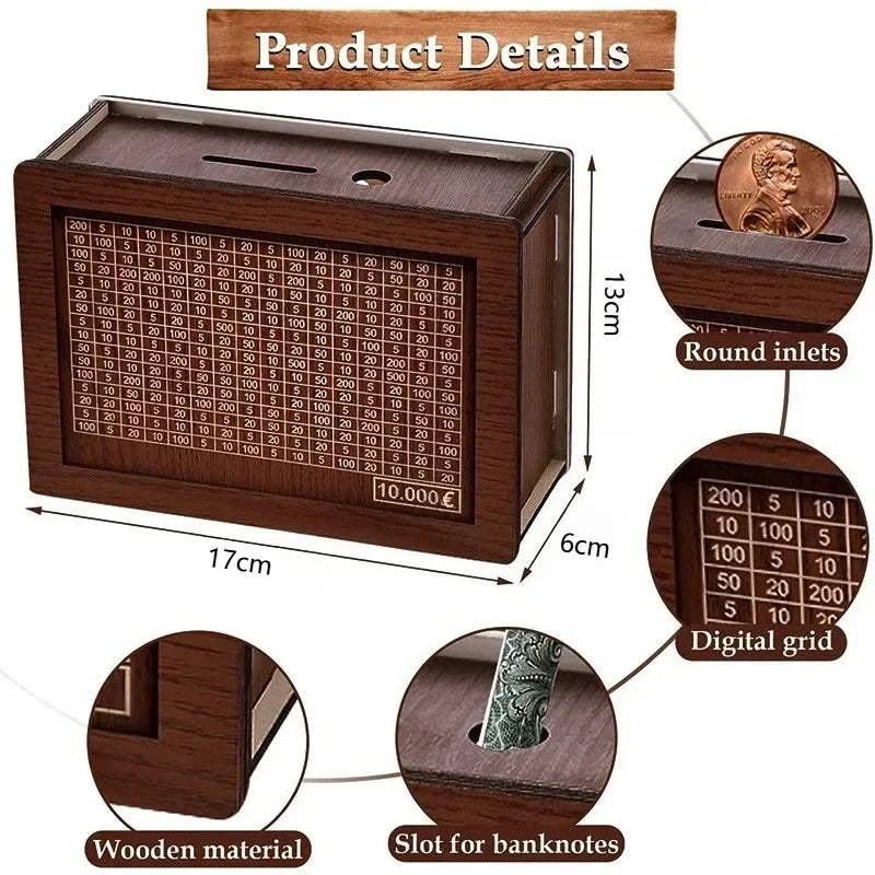 Handmade Wooden Money Box with Savings Tracker – Reusable Piggy Bank for Kids & Adults (10,000 Savings Challenge)