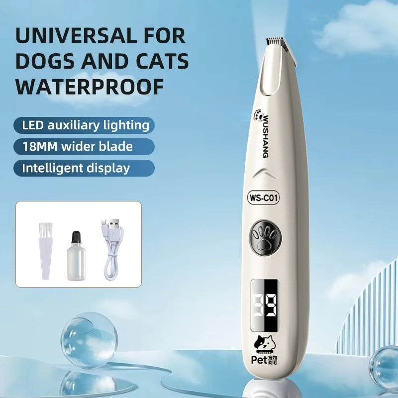 Cordless Pet Grooming Trimmer with LED Light, Waterproof Low-Noise Dog & Cat Paw Face Ear Shaver, Rechargeable