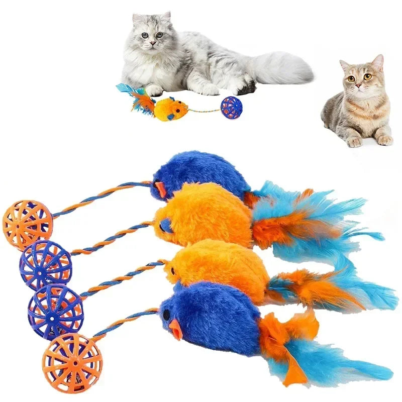 Feather Mouse Cat Toy with Bell and String, Squeak Ball Teaser 30 x 4 cm (11.8 x 1.6 in)
