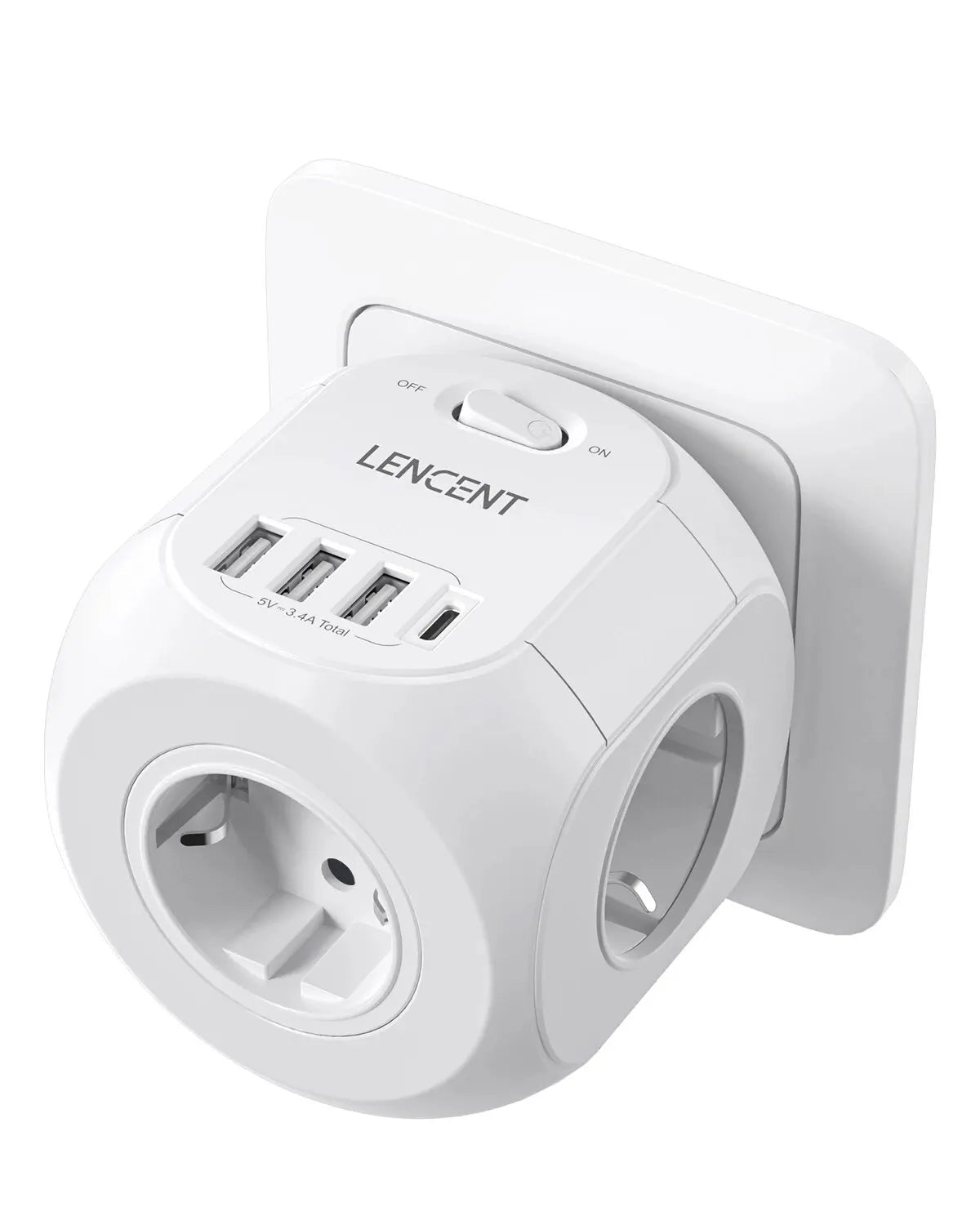 7-in-1 EU Plug Charger — 3 AC Outlets + 3 USB-A + 1 USB-C PD Wall Socket Extender with On/Off Switch