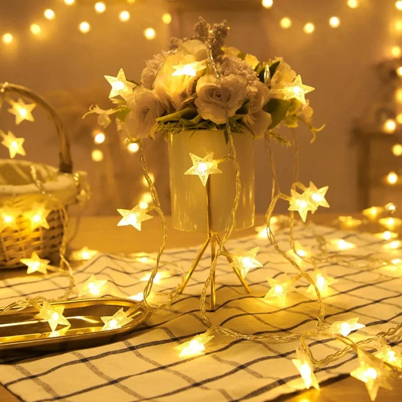 Battery-Operated LED Star String Lights - Outdoor Fairy Garland for Home, Wedding, Garden, Party & Christmas