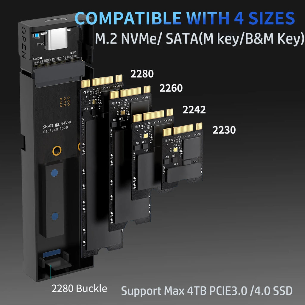 Dual-Protocol M.2 NVMe/SATA SSD Enclosure – USB 3.1 Gen2 10Gbps, Supports 2230/2242/2260/2280 (Type-C to C/A)