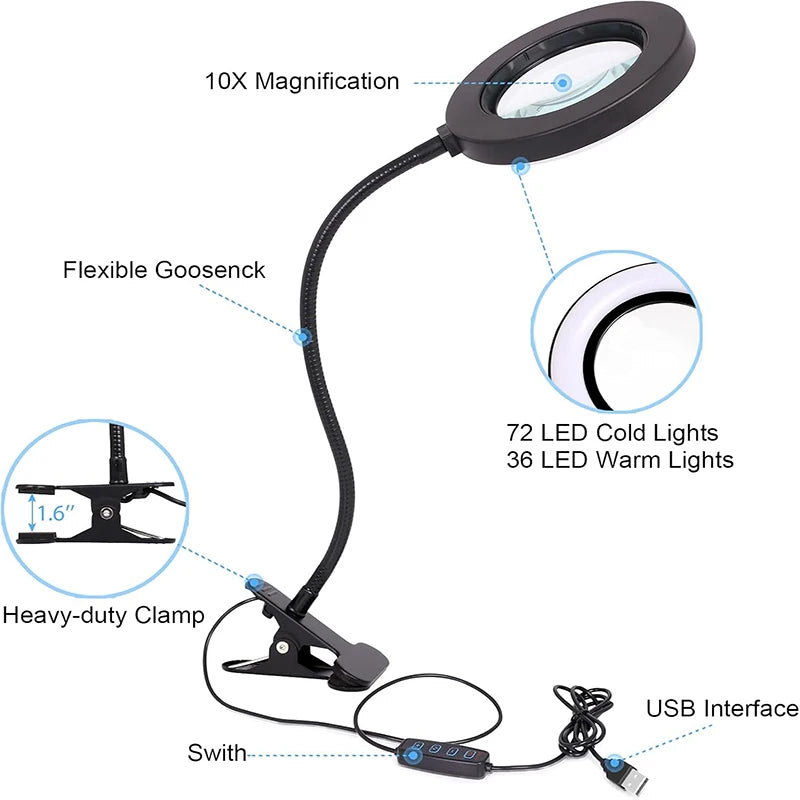 10X Magnifying Glass with 3.7 in (94 mm) Glass Lens LED Light — 3-Color Adjustable Desk Clamp Magnifier with Flexible Gooseneck for Reading, Nail Art & Crafts