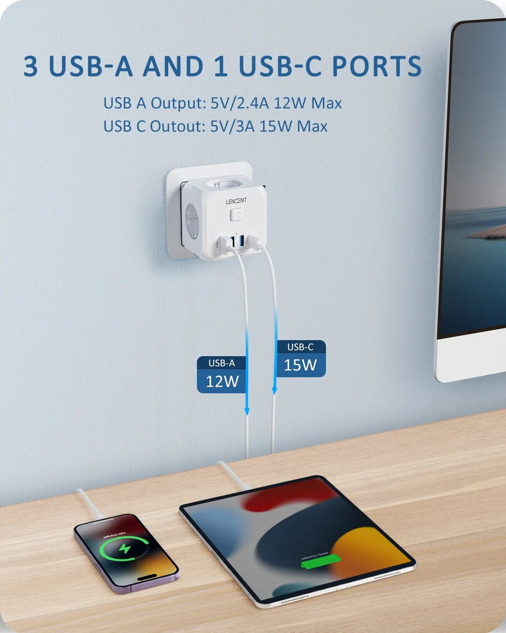 7-in-1 EU Wall Socket Extender - 3 AC Outlets, 3 USB-A & 1 USB-C with On/Off Switch