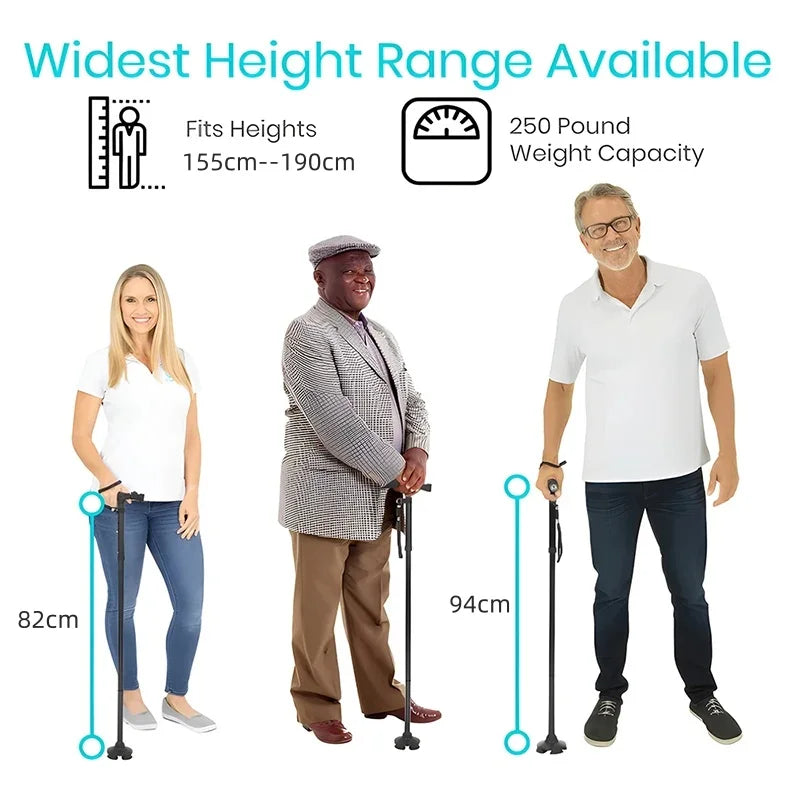 Adjustable Folding LED Walking Cane – Lightweight Aluminum, Anti-Slip Quad Tip, 32.3–37 in (82–94 cm), 250 lb Capacity