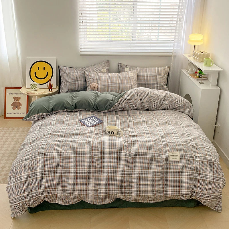 Nordic Plaid Washed Cotton Bedding Set - Duvet Cover + Pillowcases & Flat Sheet - Twin/Full/Queen/King