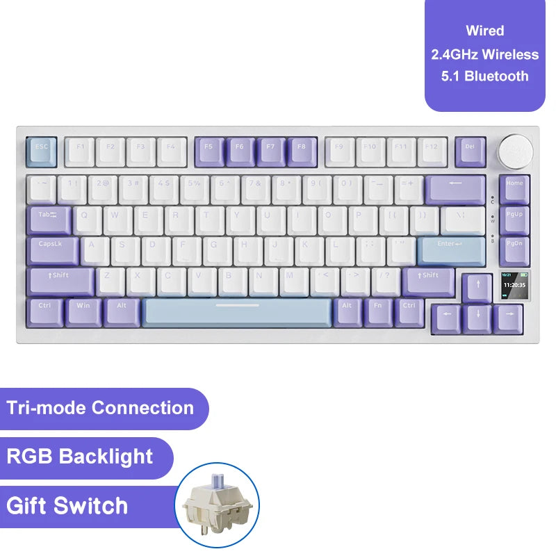 75% Compact Mechanical Gaming Keyboard — Bluetooth 5.1, 2.4GHz & USB-C Wired, Hot-Swappable PBT Keycaps with Metal Volume Knob, RGB